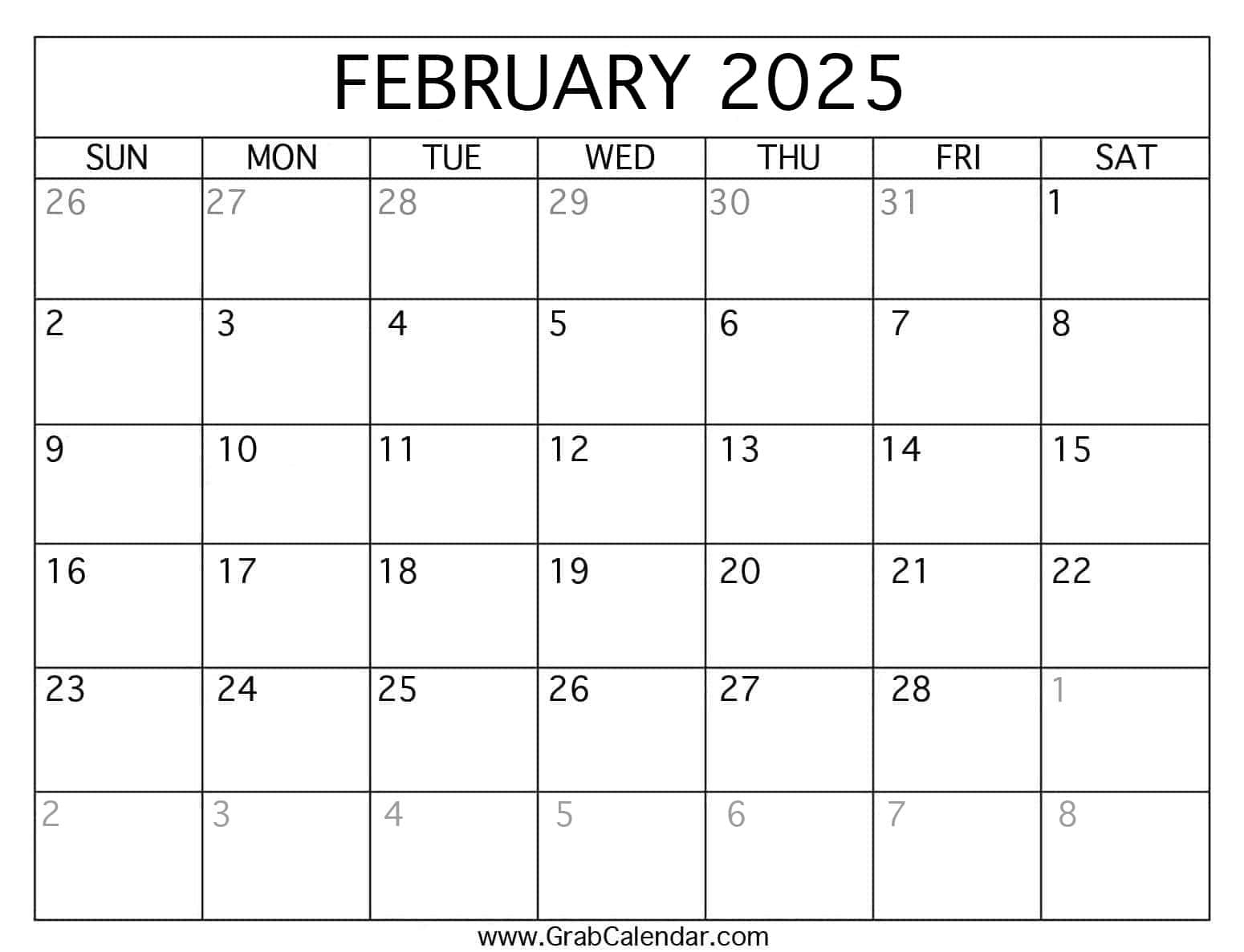 Printable February 2025 Calendar for February Blank Printable Calendar 2025