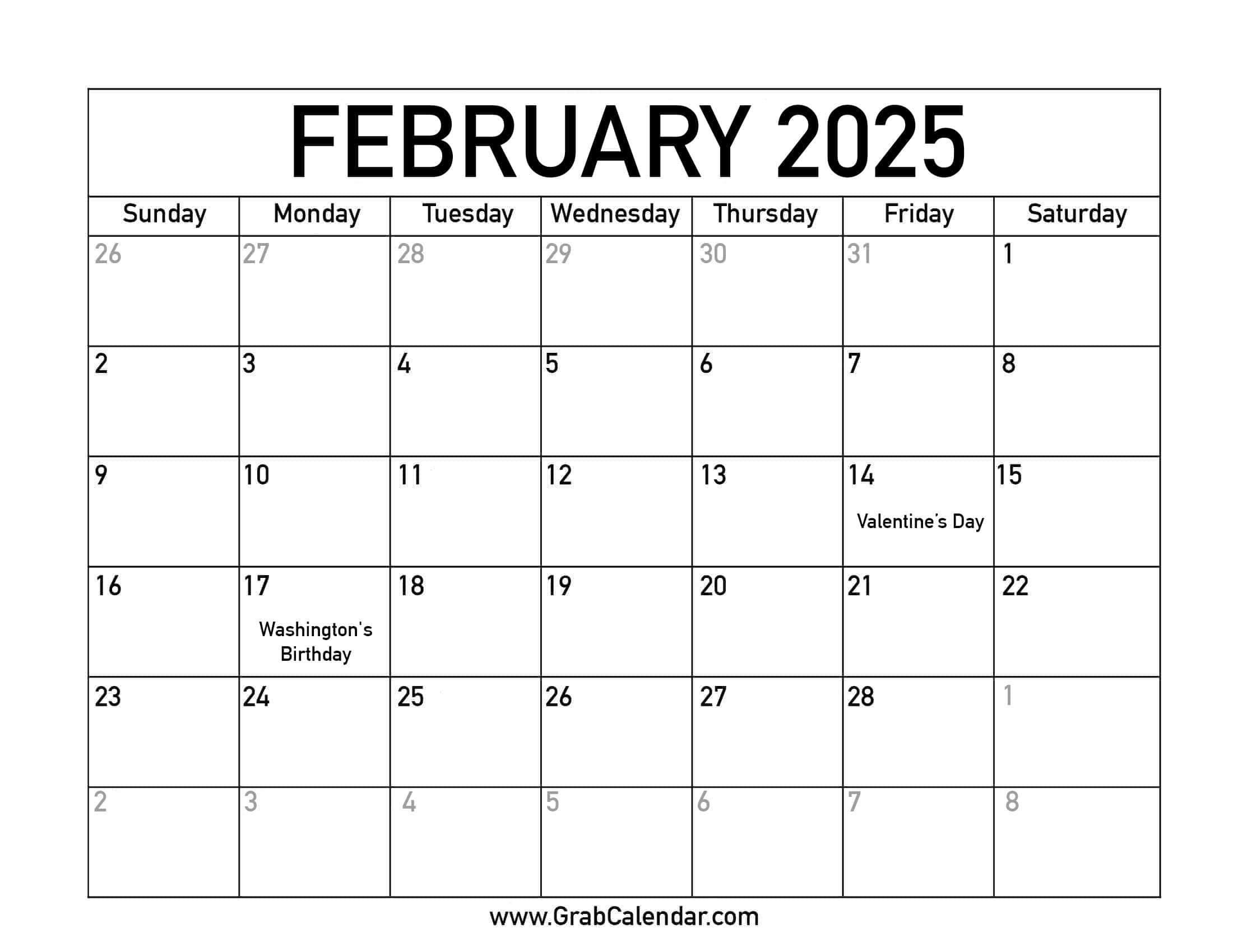 Printable February 2025 Calendar intended for February 2025 Calendar With Holidays Printable