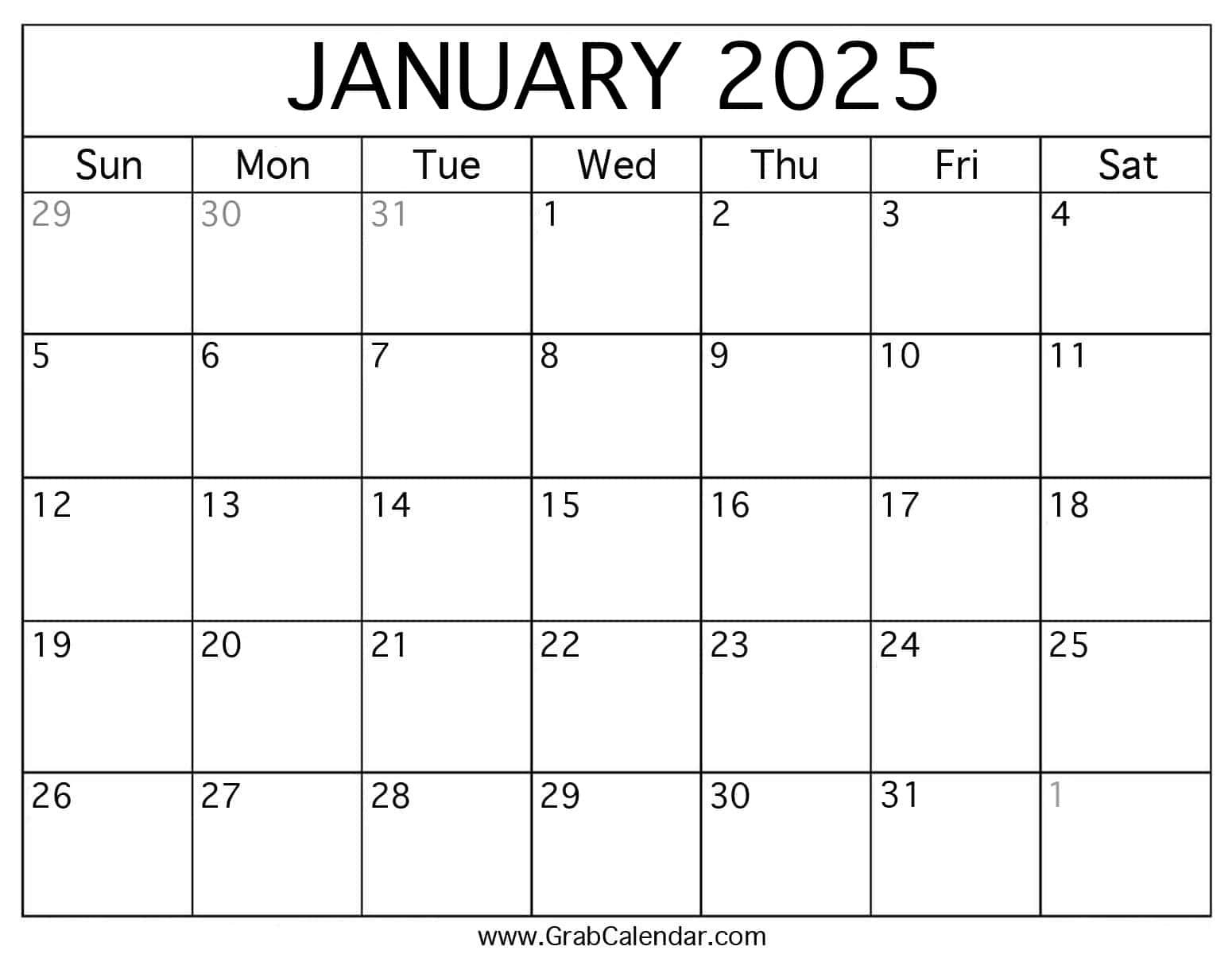 Printable January 2025 Calendar in Calendar January 2025 Printable Free