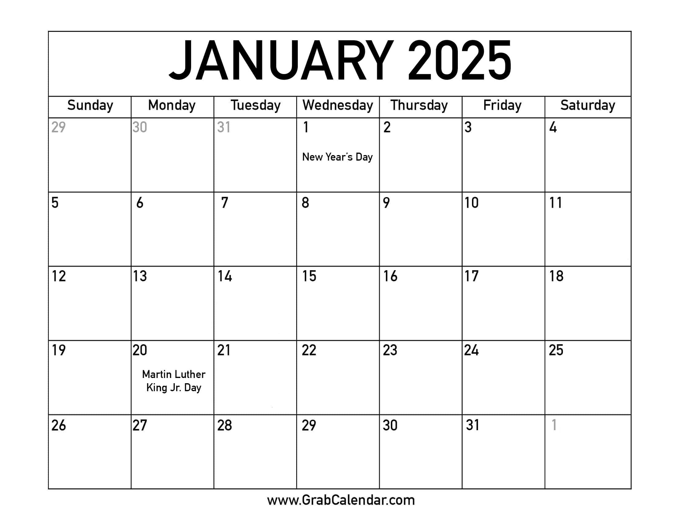 Printable January 2025 Calendar pertaining to Printable January 2025 Calendar With Holidays