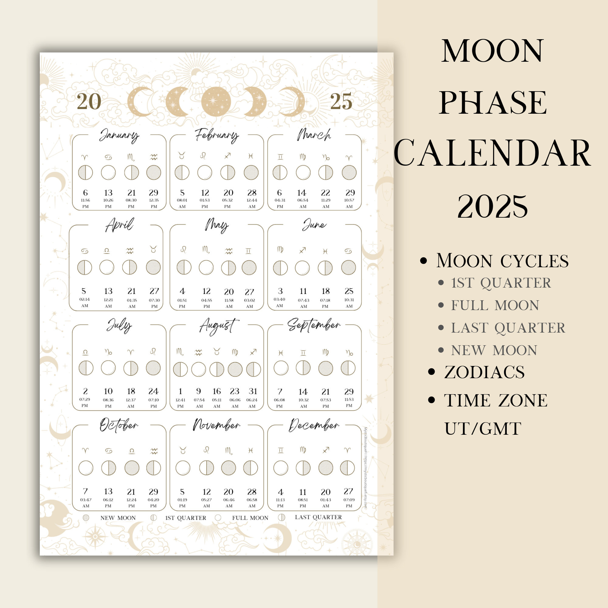 Printable Pdf Lunar Calendar, Moon Phase Calendar 2025 - Etsy for 2025 Lunar Calendar Printable