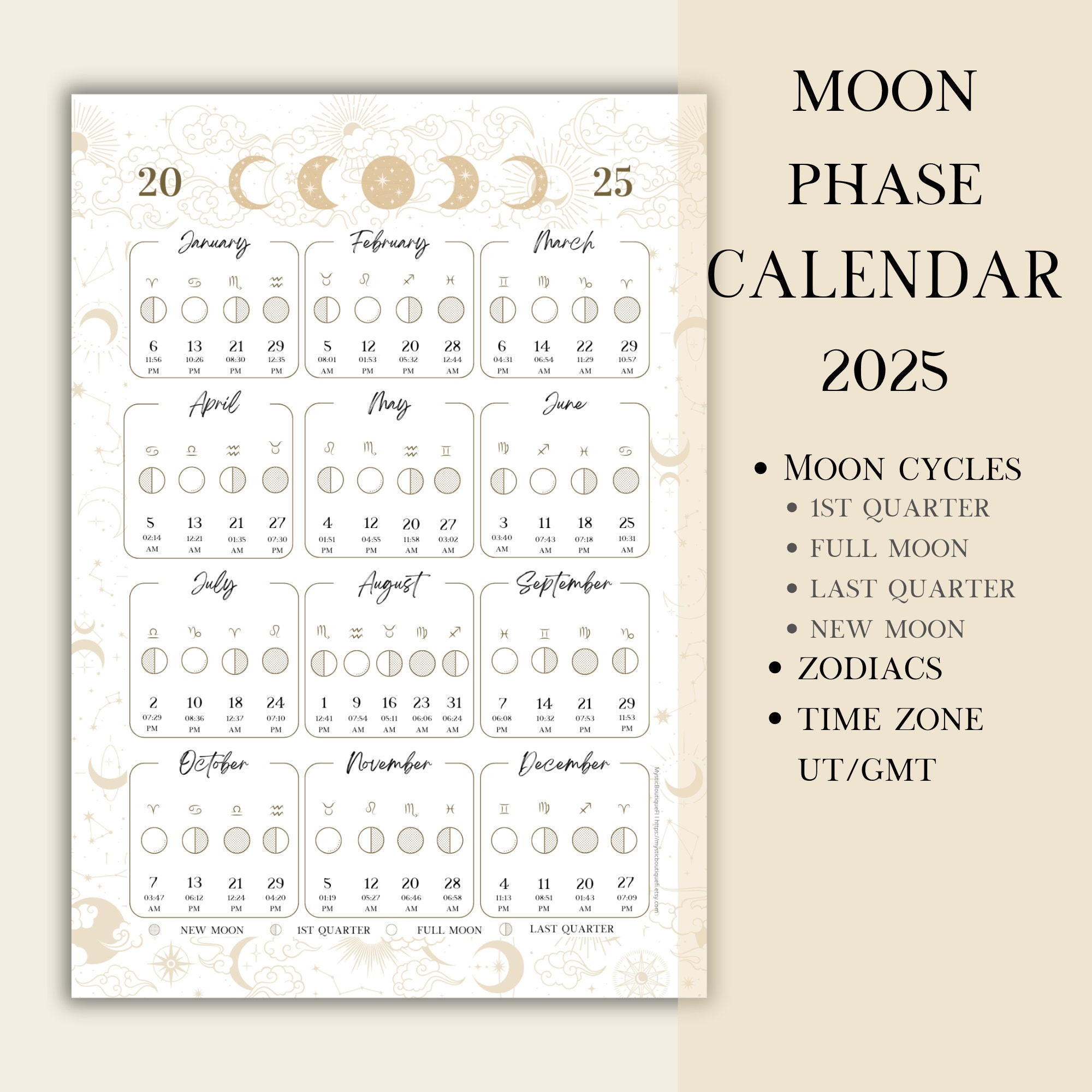 Printable Pdf Lunar Calendar, Moon Phase Calendar 2025 - Etsy for Printable Calendar 2025 with Moon Phases