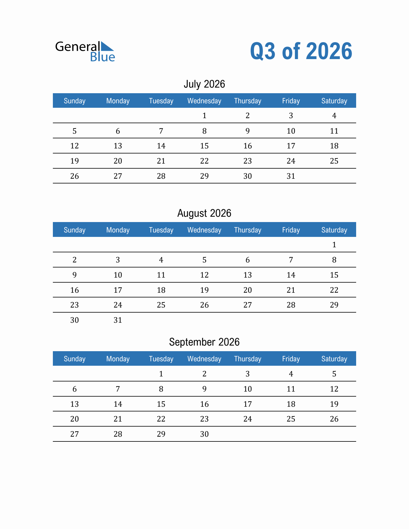 Q3 Quarterly Calendar 2026 In Pdf, Word, Excel for 3 Month Calendar Printable 2026