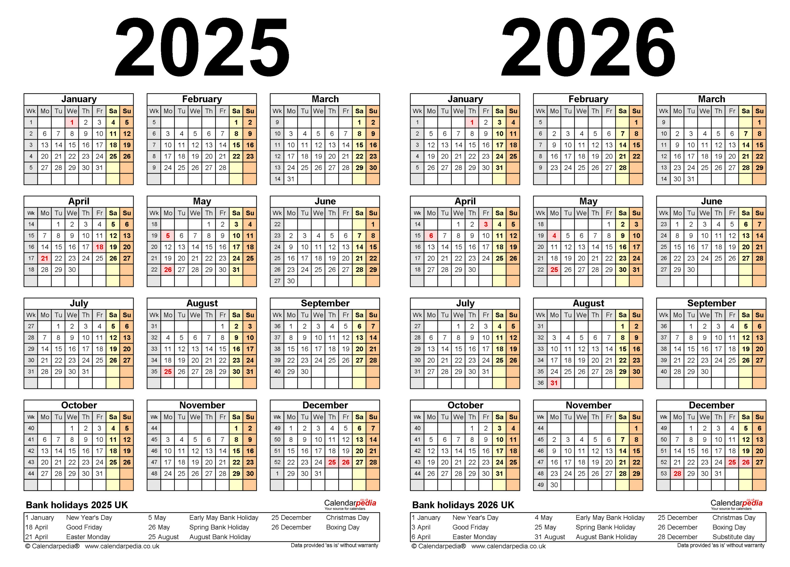 Two Year Calendars For 2025 And 2026 (Uk) For Pdf pertaining to Free 2025 and 2026 Calendar Printable