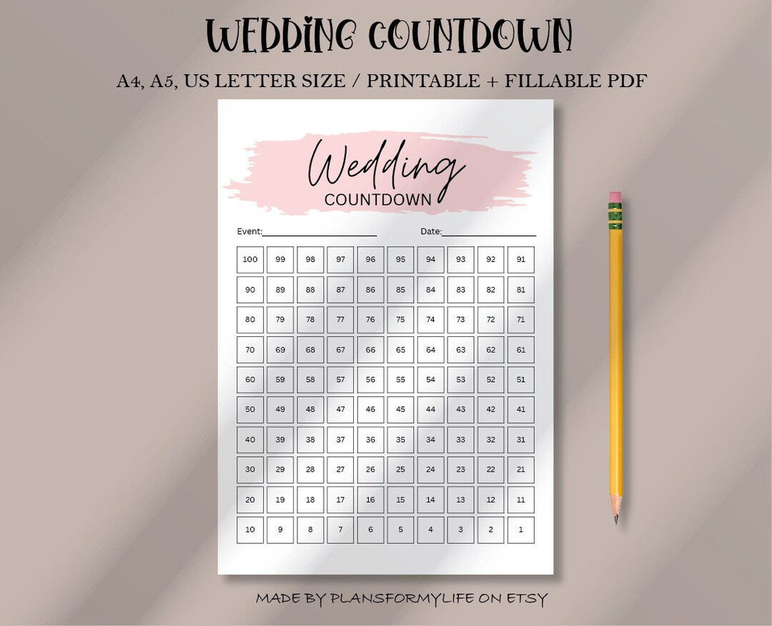 Wedding Countdown Template, Countdown Calendar, Countdown 100 Days regarding Wedding Countdown Calendar 2025 Printable