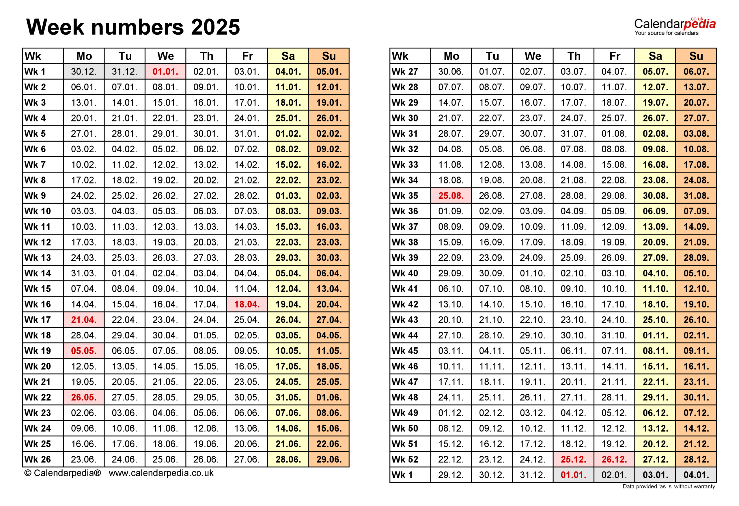 Week Numbers 2025 With Excel, Word And Pdf Templates for Calendar Weeks 2025 Printable