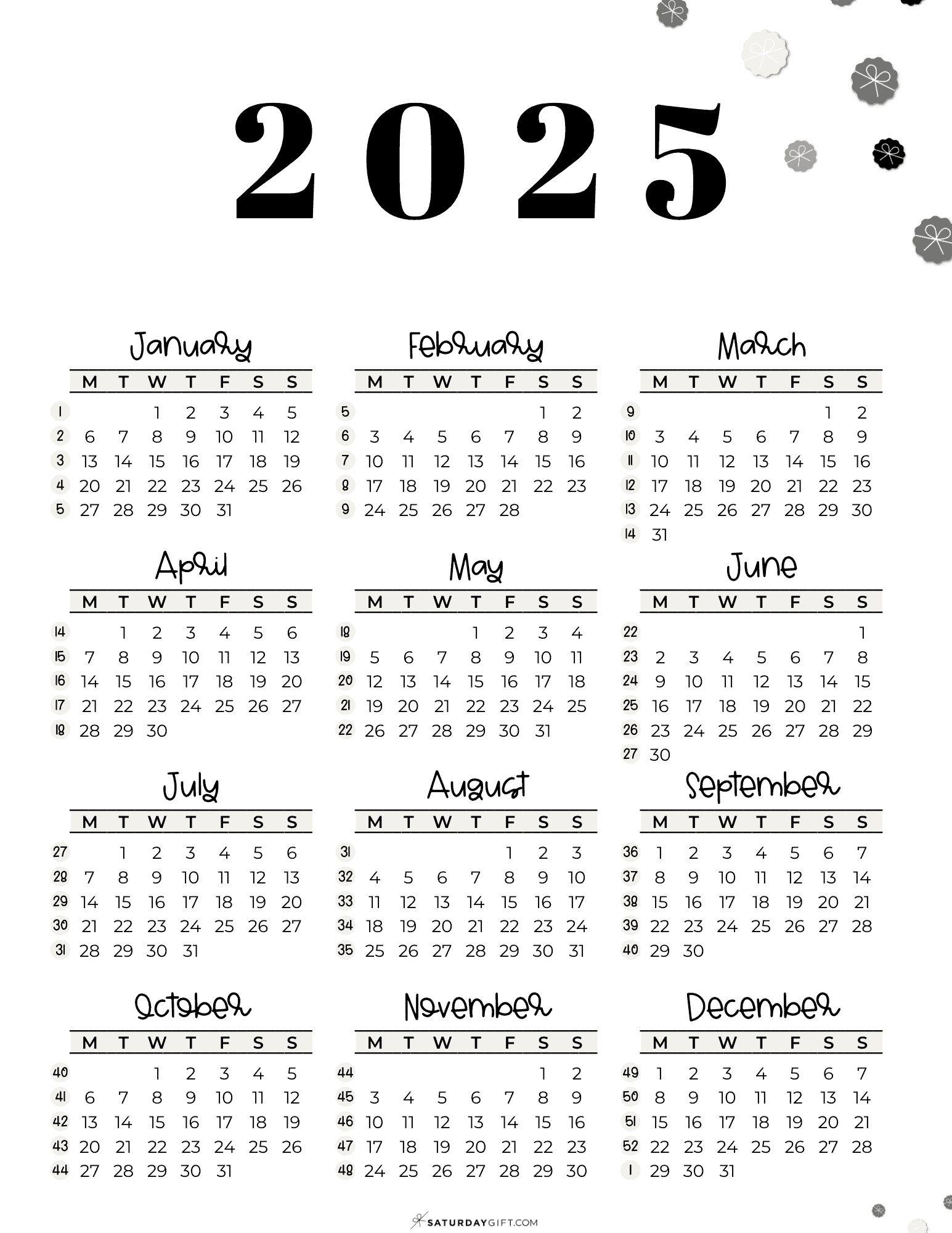 Week Numbers For 2025 - What Week Is It? | Saturdaygift in 1 Week Calendar 2025 Printable