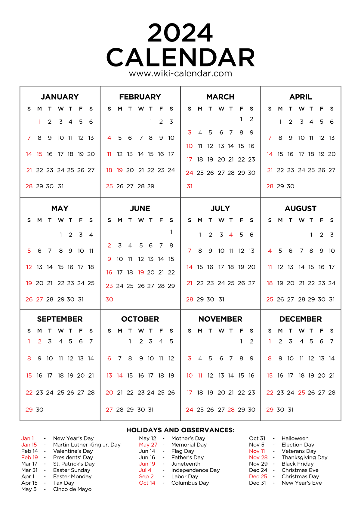 Year 2024 Calendar Printable With Holidays - Wiki Calendar intended for 24 Month Calendar Printable