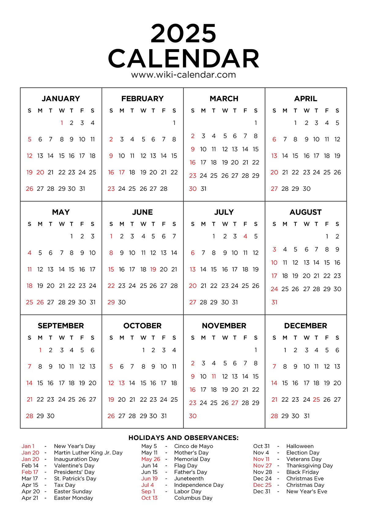 Year 2025 Calendar Printable With Holidays - Wiki Calendar for Printable Calendar 2025 By Day