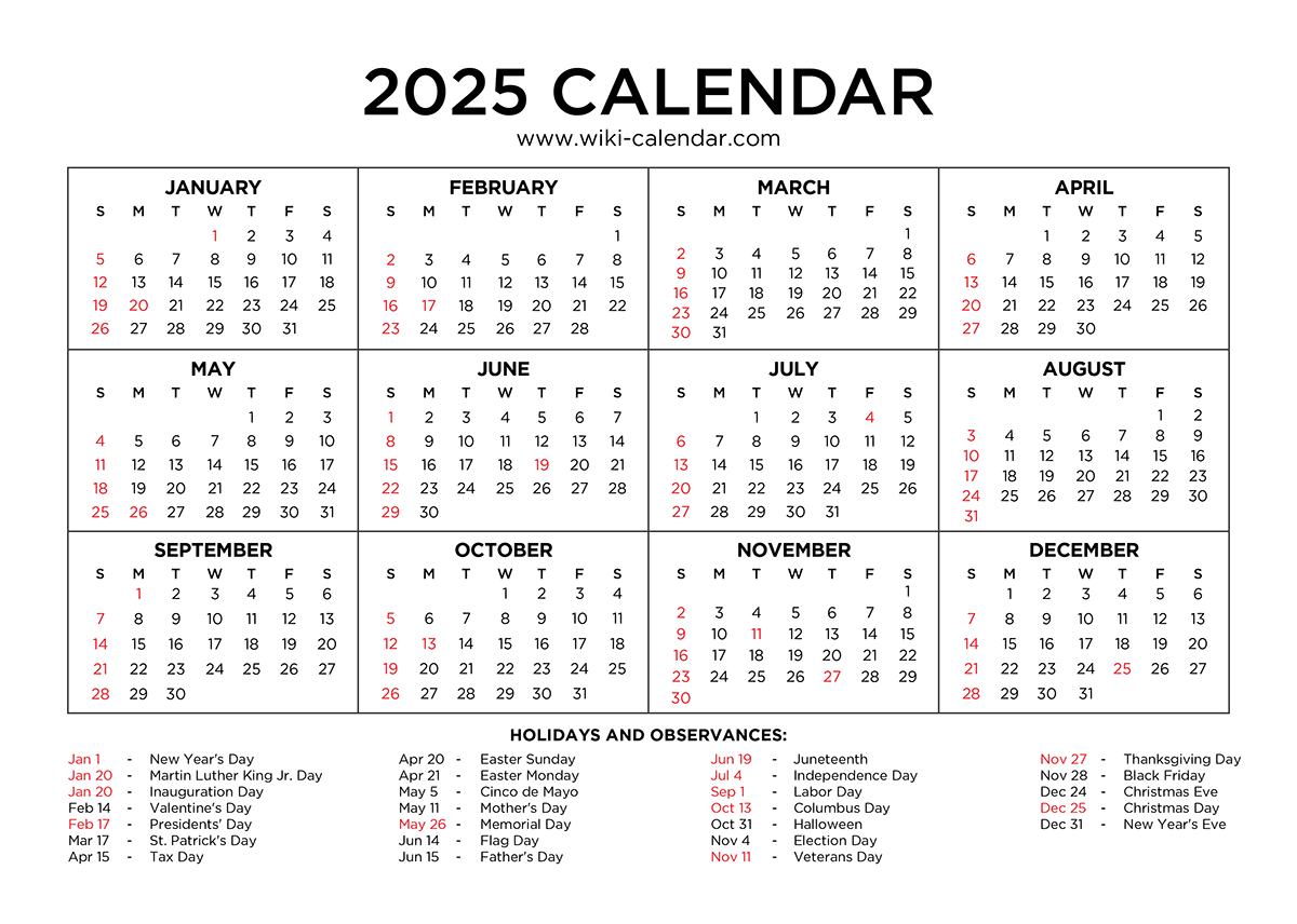 Year 2025 Calendar Printable With Holidays - Wiki Calendar intended for 2025 Calendar 2025 Printable