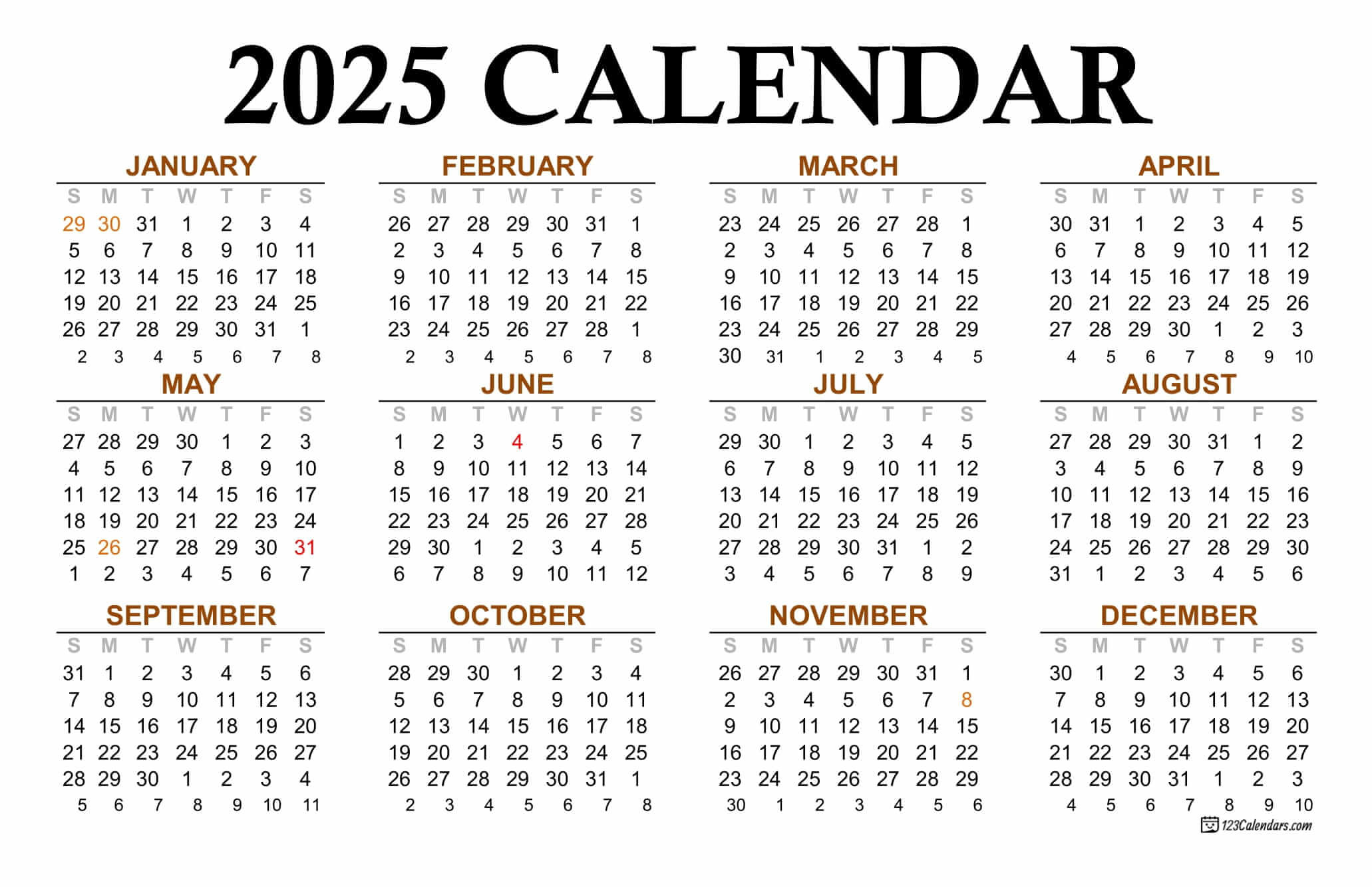 Year 2025 Calendar Templates | 123Calendars regarding Time and Date Calendar 2025 Printable