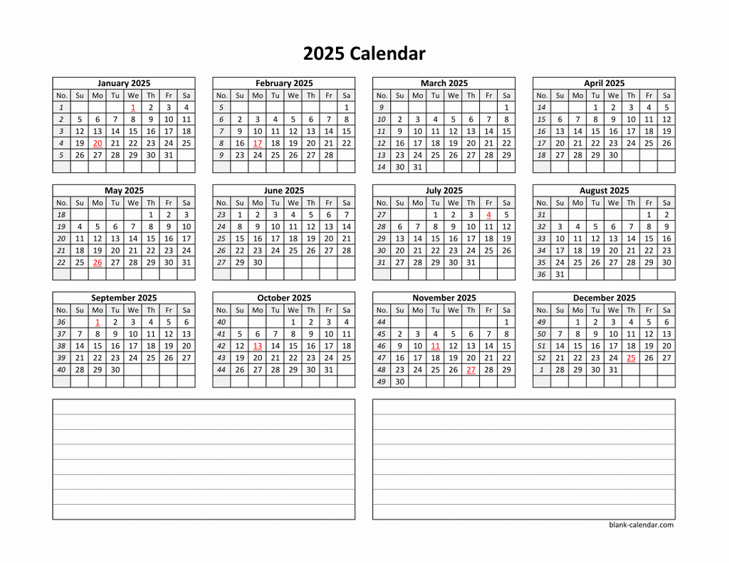 Yearly 2025 Calendars intended for 2025 Calendar with Notes Printable